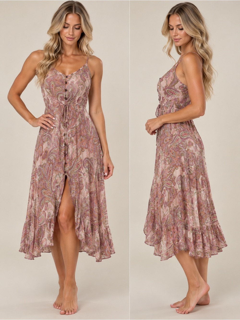 Boho Paisley Tie-Waist Midi Dress in Blush